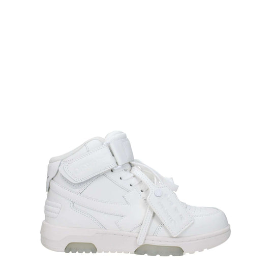 Off-White White Leather High Top Sneakers with strap closure and side detail.