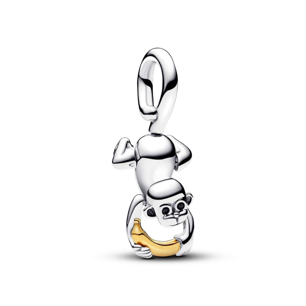 PANDORA Mod. 763343C01 silver and gold charm, featuring an adorable monkey holding a banana, made of Silver 925°