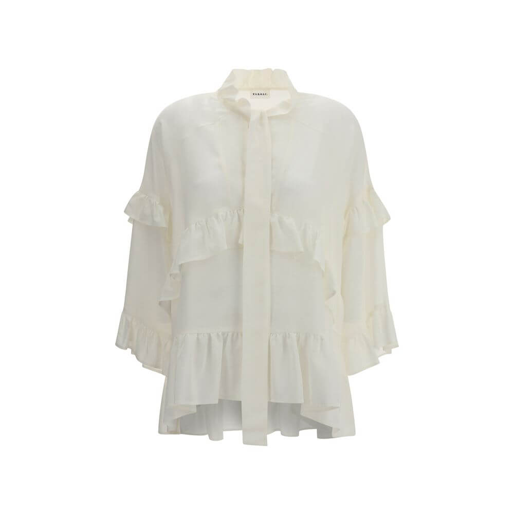 P.A.R.O.S.H. Cream Silk Blouse featuring ruffles, V-neck, and bow closure, made of 100% silk for AW25 season, made in Italy.
