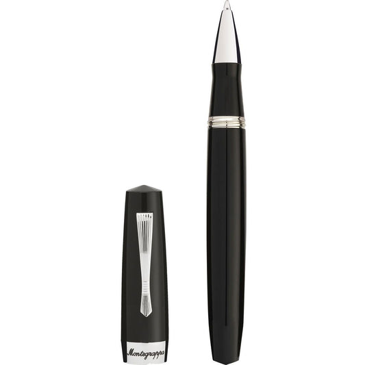 Black luxury fountain pen, model PENNE MONTEGRAPPA MOD. ISE2RRAC, with sleek design and silver accents.