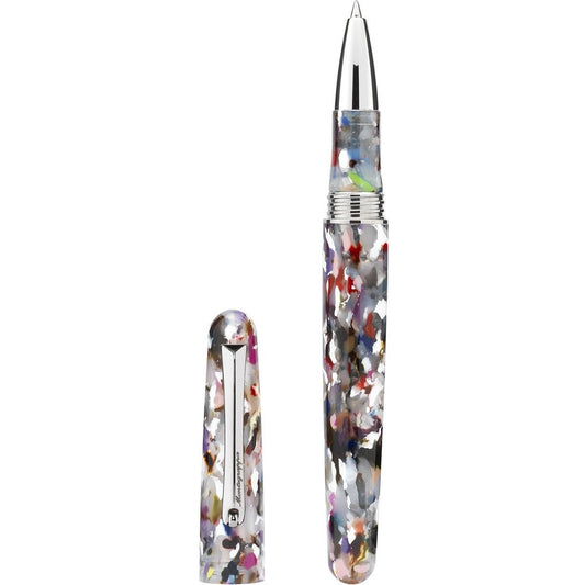 PENNE MONTEGRAPPA MOD. ISEERRIK rollerball pen with a vibrant, multicolored design, shown with cap beside pen.