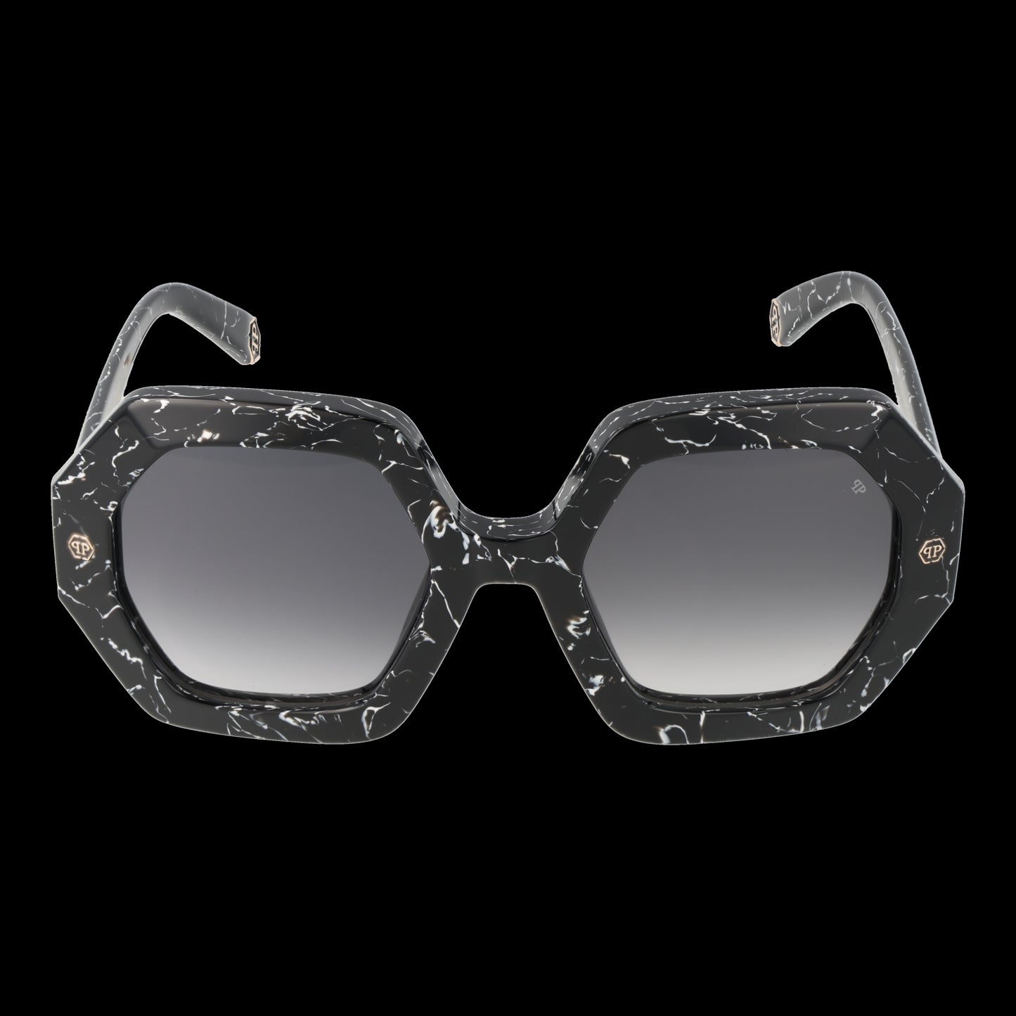 PHILIPP PLEIN MOD. SPP039M 530869 Lady stylish sunglasses with octagonal black marbled frame and gradient lenses.