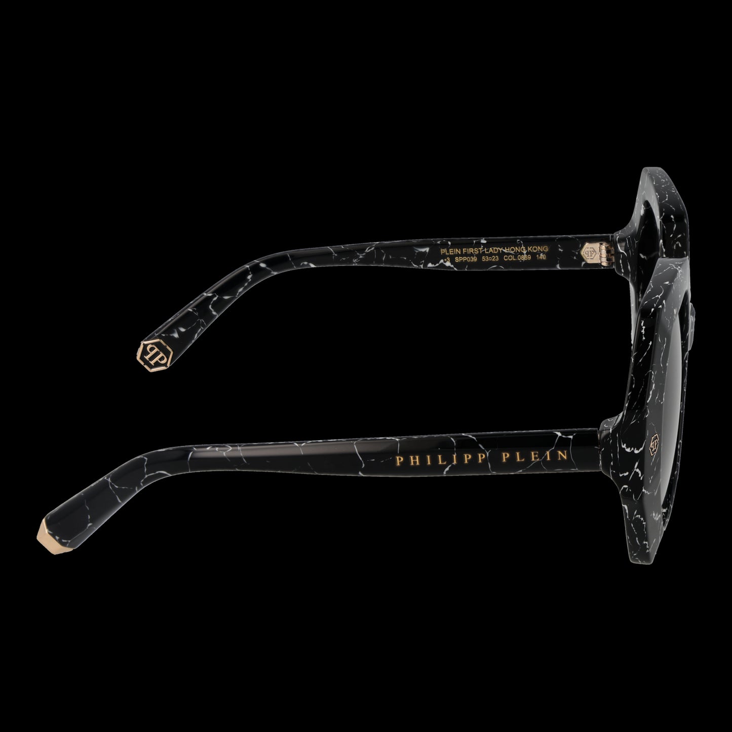 Side view of PHILIPP PLEIN MOD. SPP039M 530869 ladies' sunglasses showcasing black marble frame and gold accents.