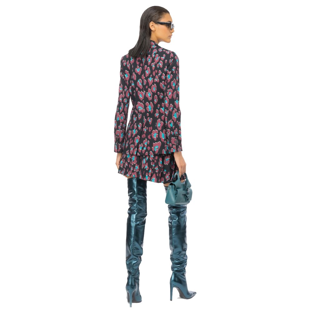 Back view of model wearing PINKO Black Polyester Suits & Blazer with floral pattern, holding blue purse and wearing blue knee-high boots.