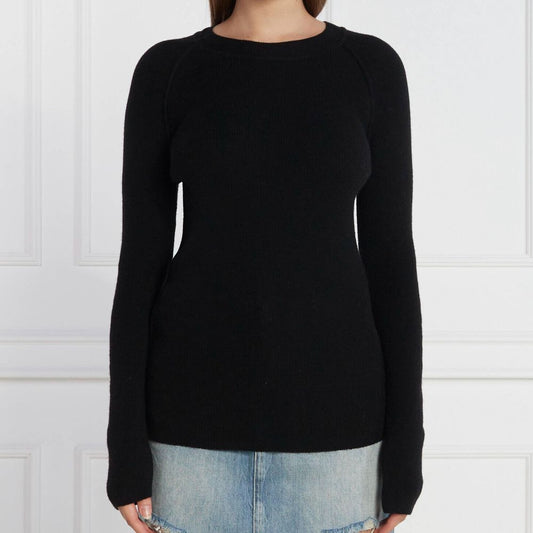 PINKO Black Wool Sweater with crew neck and metal logo detail on back, worn by model in light blue jeans.