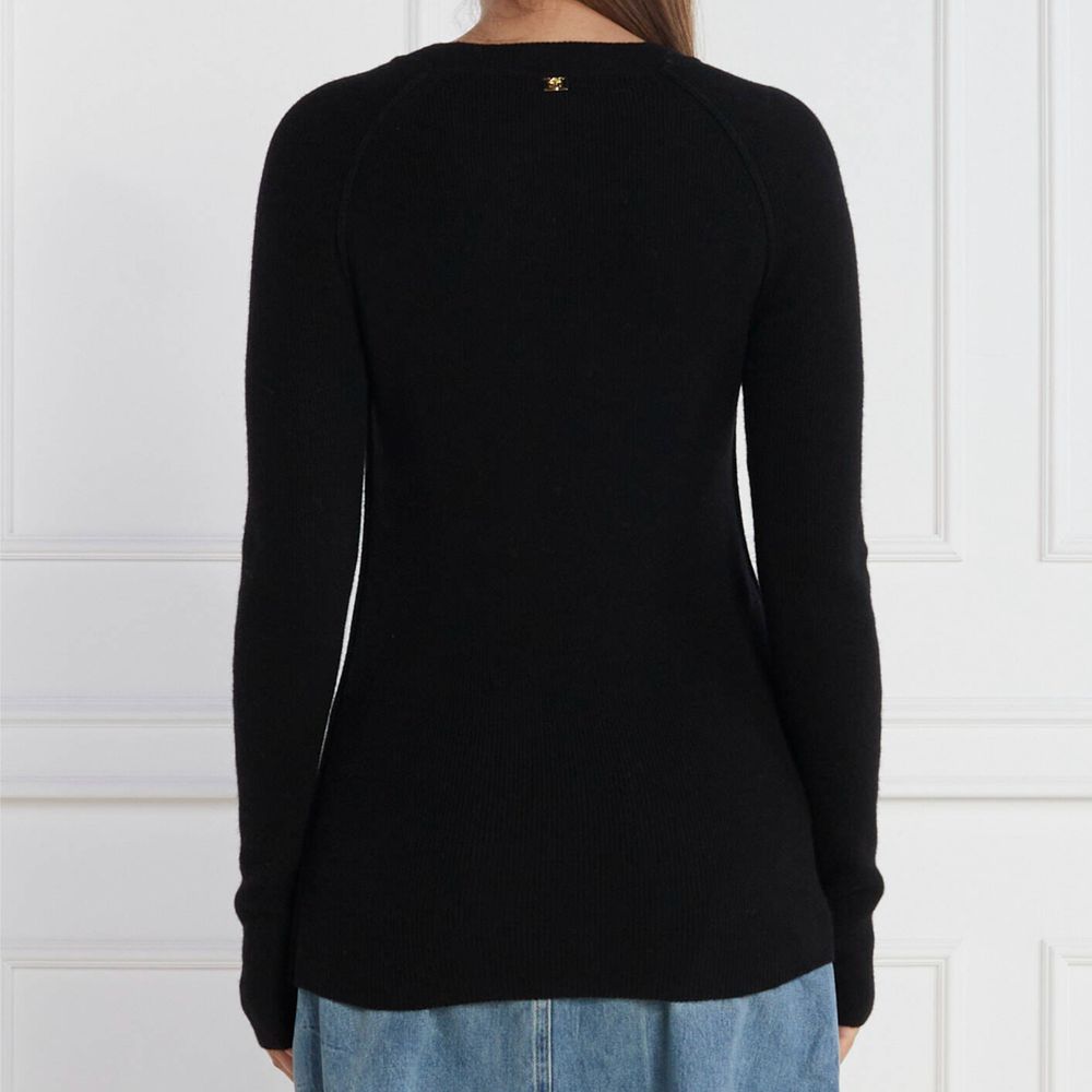 Back view of PINKO Black Wool Sweater with metal logo detail displayed against a white background.