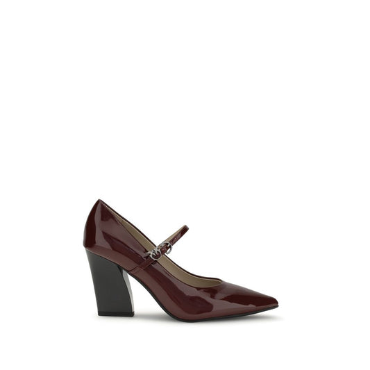 PINKO Bordeaux Calf Leather Bos Taurus High Heel Pumps with glossy patent finish, pointed toe, cubic heel, and adjustable strap closure.