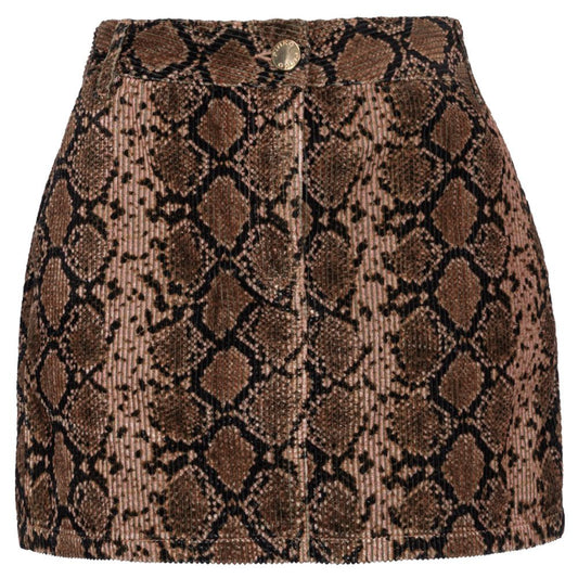 PINKO Brown Cotton Women's Miniskirt with snake print, corduroy fabric, slanted side pockets, and metal zip closure. Italian craftsmanship.