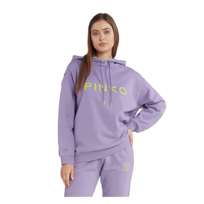 Stylish woman wearing PINKO Purple Cotton Women Sweater with logo print, showcasing casual chic fashion in a luxury hoodie.