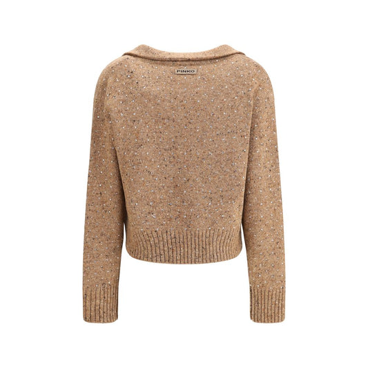Back view of PINKO V-neck Sweater with rhinestones showing ribbed hem and cuffs, jacquard fabric, and PINKO logo label.
