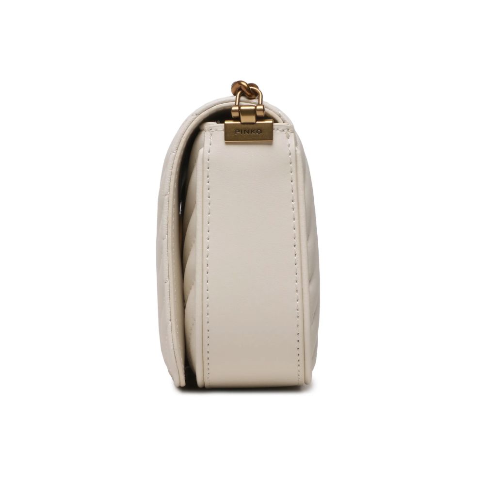 Side view of PINKO White Calfskin Women Crossbody Bag highlighting matelassé design and gold hardware clasp.