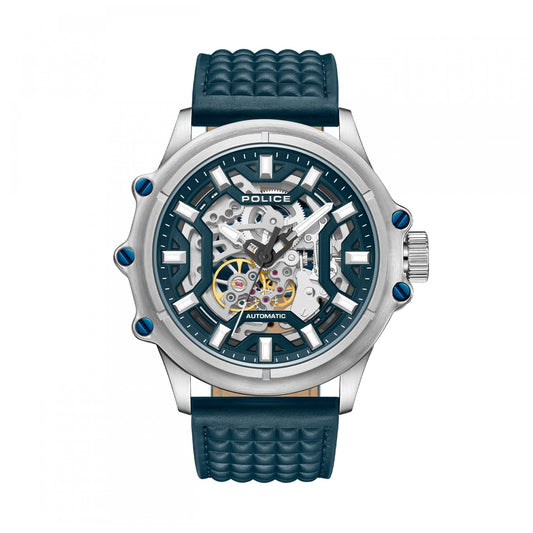 POLICE WATCHES Mod. PEWGE1601803 with blue strap, showcasing detailed watchface and silver casing.
