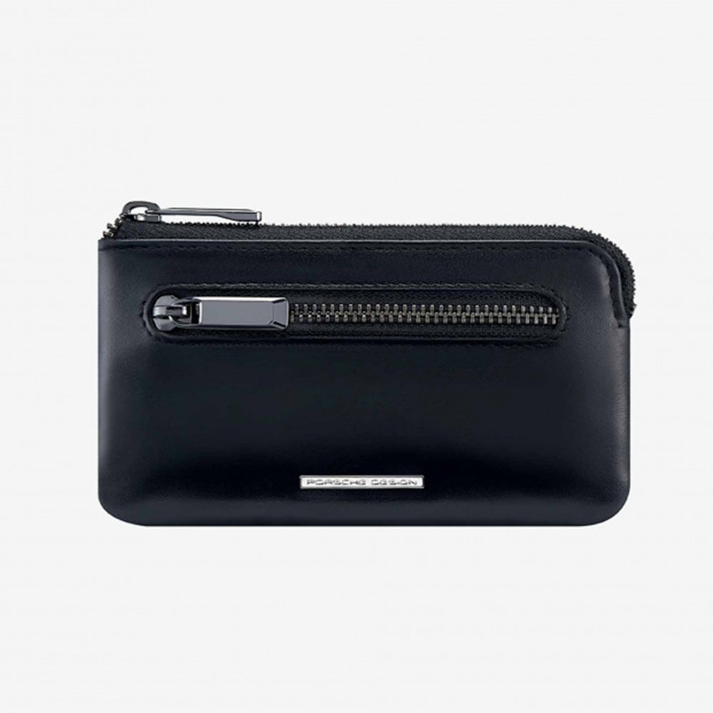Black leather Porsche Portachiavi Mod. OBE09924-001 key holder with silver zipper and logo detail