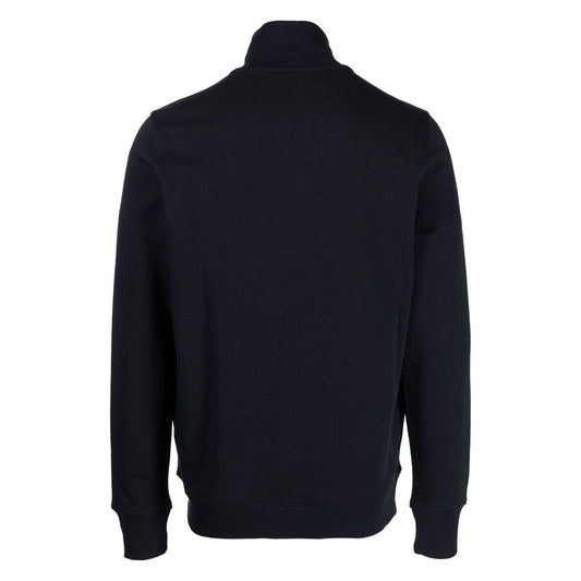 Back view of navy blue PS By Paul Smith Sweaters Blue high-neck zip-up cotton sweatshirt with Zebra logo and elasticated cuffs.