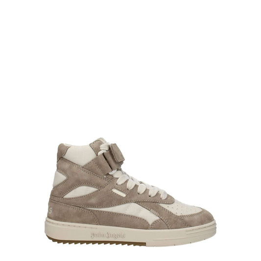 Palm Angels Beige Leather High Top Sneakers with strap closure, sporty glam style, and rubber sole.