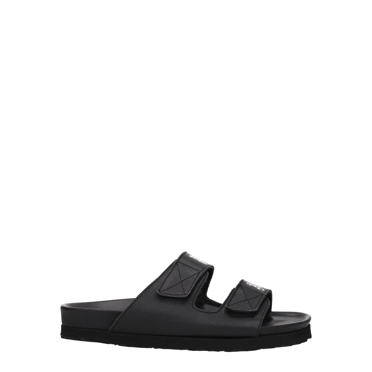 Palm Angels Black Leather Flat Sandals with strap closure and front logo, featuring a low rubber sole, MPN PWIH010LEA0011001.
