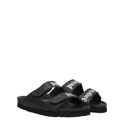 Palm Angels Black Leather Flat Sandals with front logo, casual style, strap closure, rubber sole, and low heel.