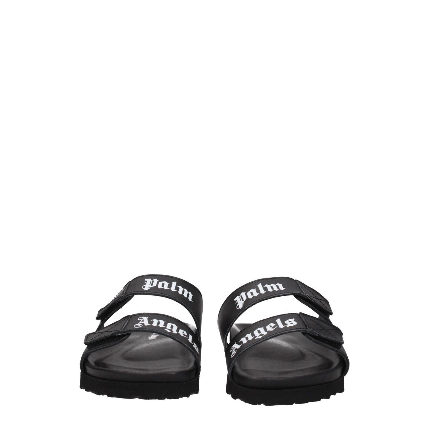 Palm Angels Black Leather Flat Sandals with front logo and strap closure, emphasizing casual style with rubber sole and low heel.