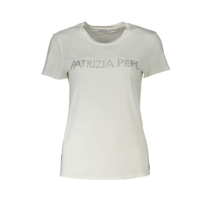 Patrizia Pepe White Organic Cotton Women T-Shirt with rhinestones and logo, crafted in Romania, luxury fashion top.