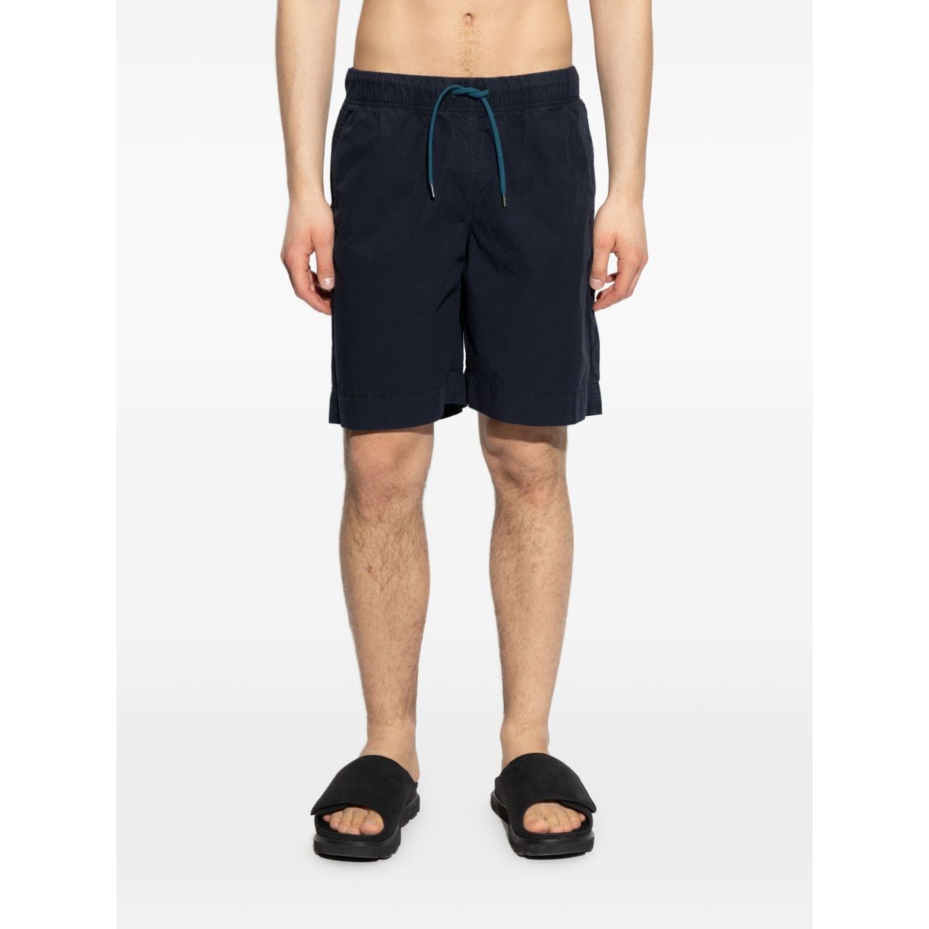 Paul Smith Shorts Blue, navy cotton shorts with elasticated drawstring waist, knee-length, side pockets. Model is 6ft 1in wearing size M.