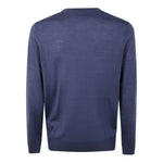 Paul Smith Sweaters Clear Blue, petrol blue merino wool crew neck sweater with long sleeves, ribbed cuffs, and hem - back view.
