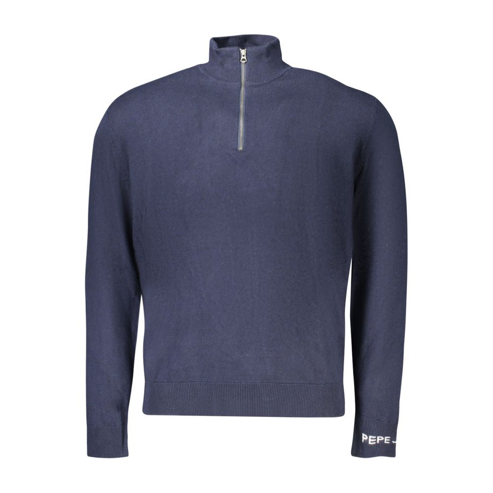 Pepe Jeans Blue Cotton Men Sweater with half-zip, featuring distinctive embroidery and classic logo, luxurious and comfortable fashion piece.