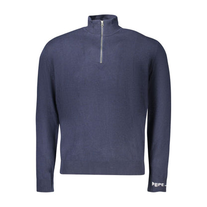 Pepe Jeans Blue Cotton Men Sweater with half-zip, featuring distinctive embroidery and classic logo, luxurious and comfortable fashion piece.