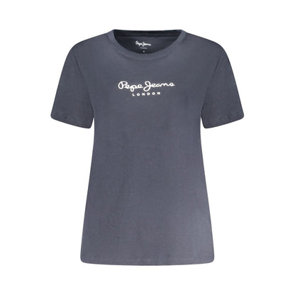 Pepe Jeans Blue Cotton Women T-Shirt with printed logo, short sleeves, and crew neck; sustainable 100% cotton for eco-conscious fashionistas.