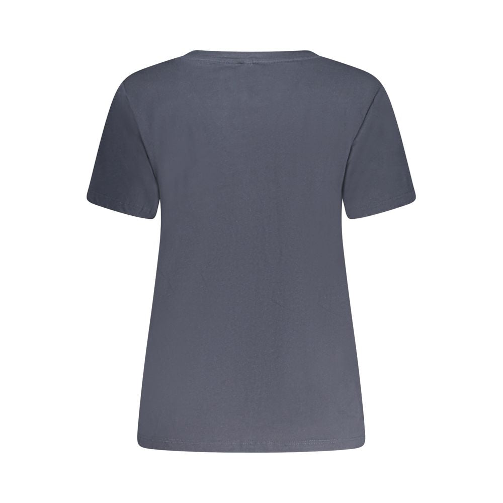 Back view of Pepe Jeans Blue Cotton Women T-Shirt showcasing short sleeves and eco-friendly 100% cotton design.