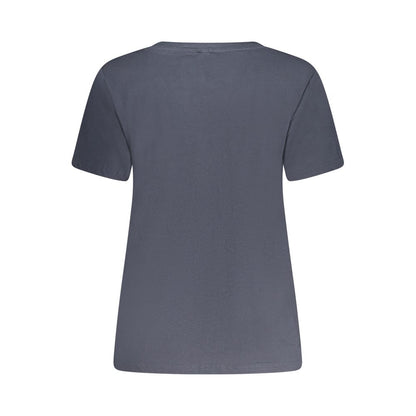 Back view of Pepe Jeans Blue Cotton Women T-Shirt showcasing short sleeves and eco-friendly 100% cotton design.