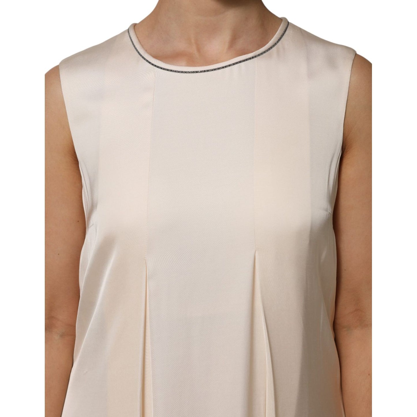 Peserico Beige Viscose Pleated Sleeveless Long Maxi Dress close-up view