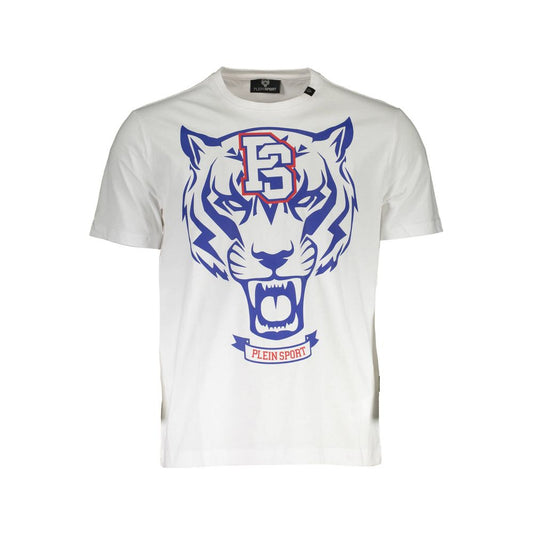 Plein Sport White Cotton Mens TShirt with bold tiger print and logo, short sleeve, designed for confident style.
