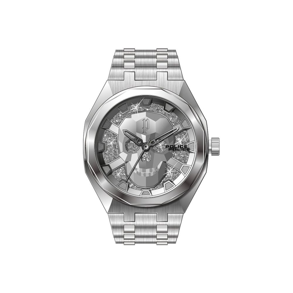 Police Silver Stainless Steel Watch with quartz mechanism, analog display, and drop-down closure, featuring a silver dial and 5ATM resistance.
