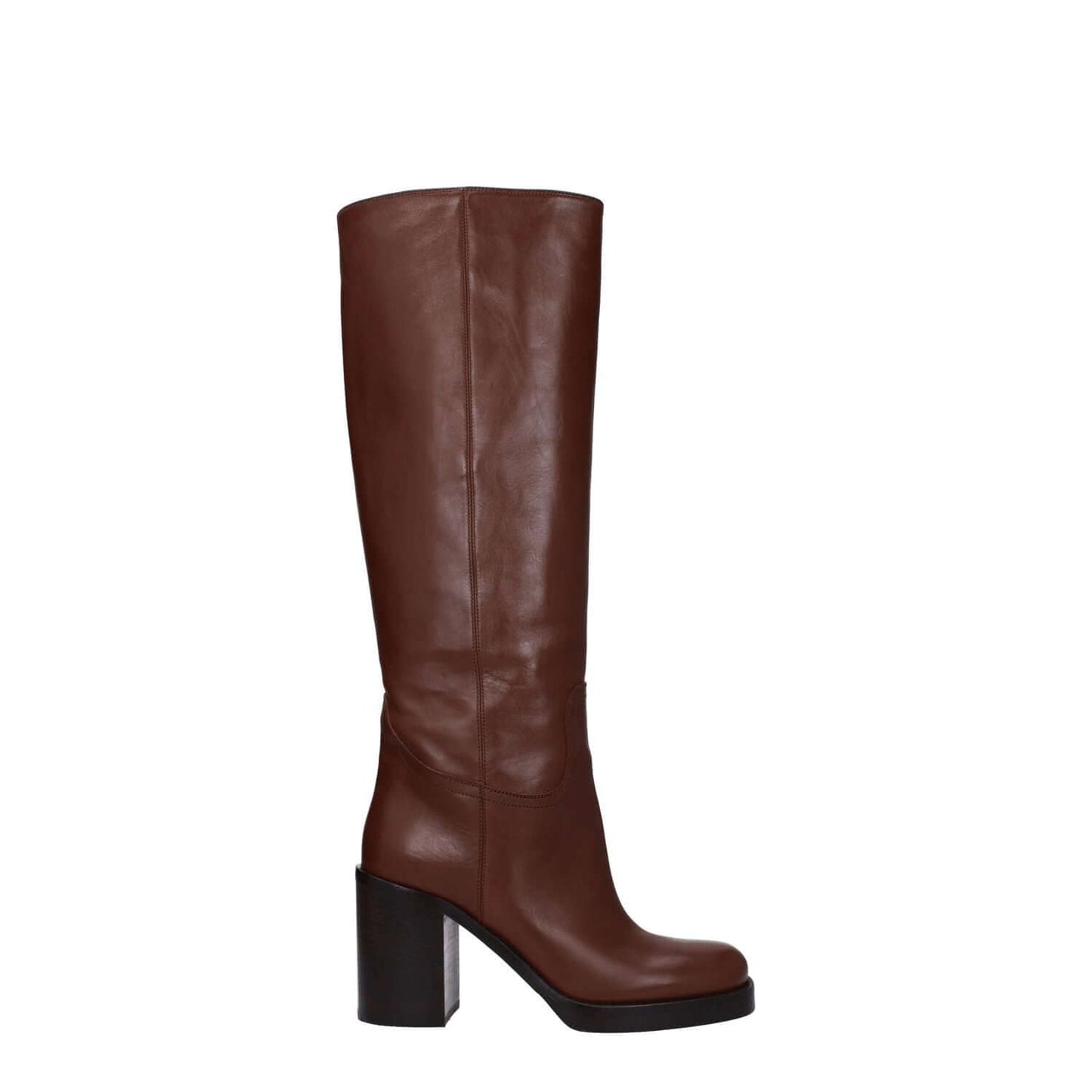 Prada Brown Leather High Heel Boots with round toe and 9 cm heel, designed for casual style, made from leather with a cognac sole.