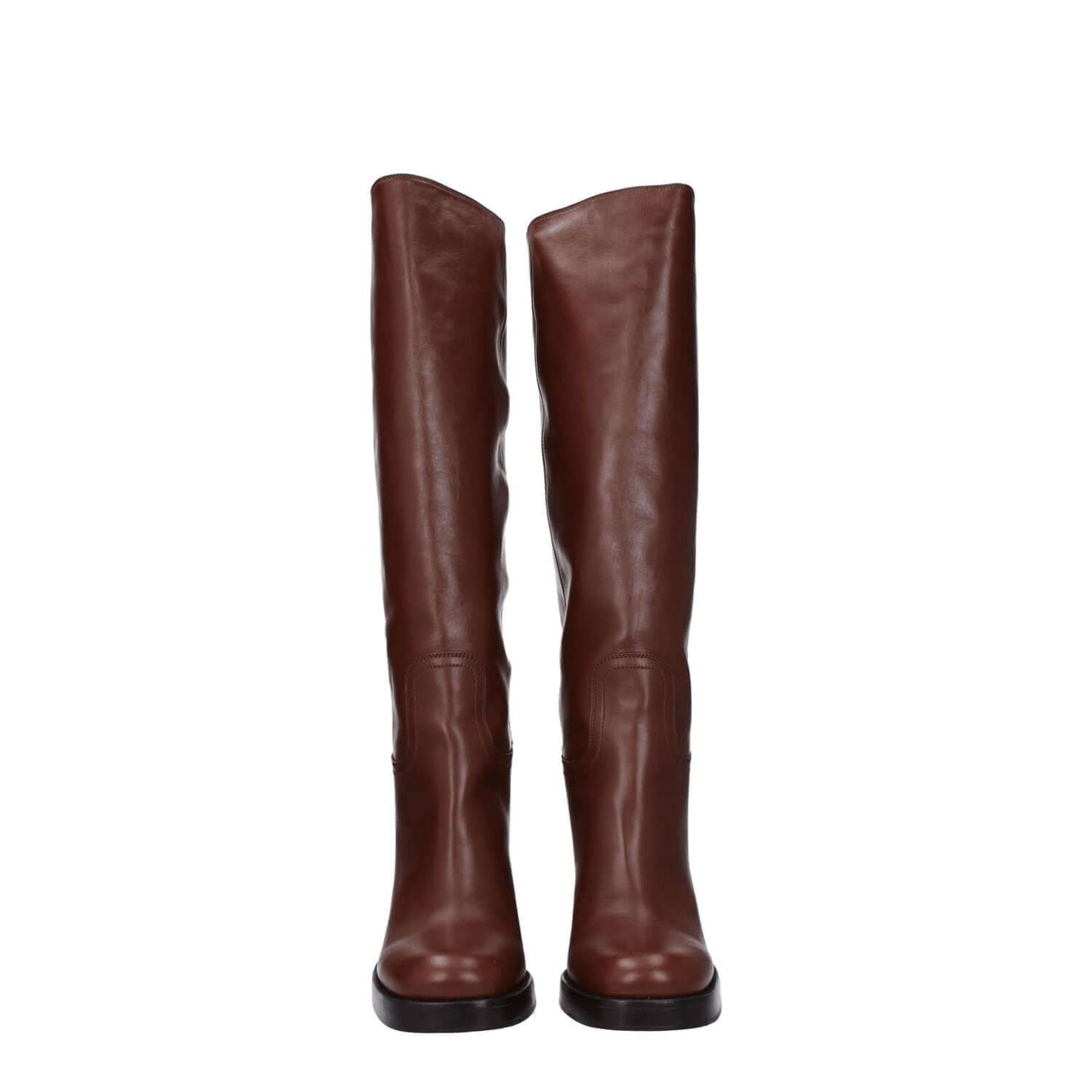 Prada Brown Leather High Heel Boots with round toe and 9 cm heel, style casual, brown and cognac leather, front view.