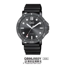Q&Q ATTRACTIVE Mod. QB86J502Y men's water-resistant 44mm metal quartz wristwatch with black dial in official box.