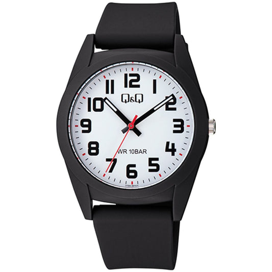 Q&Q ATTRACTIVE Mod. V13A-001VY wristwatch with metal case, quartz movement, and mineral dial in official packaging box.