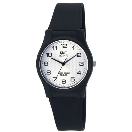Q&Q ATTRACTIVE Mod. VQ02J010Y wristwatch with metal case, quartz movement, mineral dial, and official packaging.