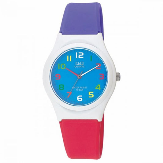 Q&Q ATTRACTIVE Mod. VQ86J009Y wristwatch with colorful dial, metal case, quartz movement, displayed on a purple and red strap. Official packaging.