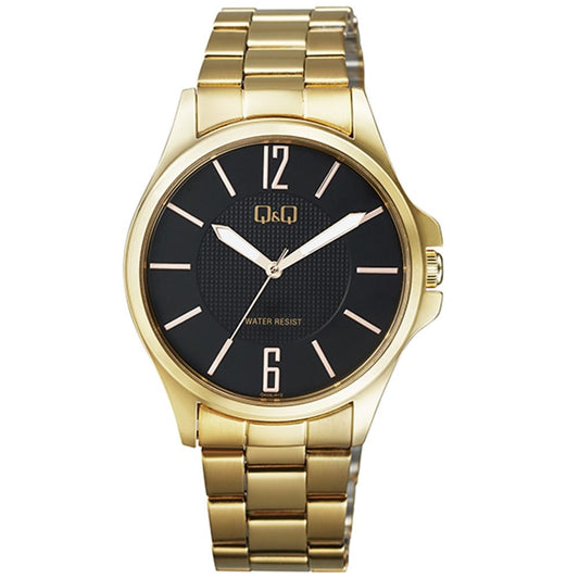 Q&Q FASHION Mod. QA06J002Y gold wristwatch with black dial, 3 ATM water resistance, quartz movement, and metal strap.