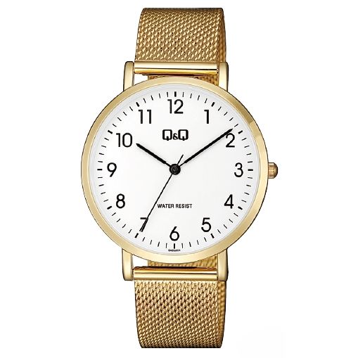 Q&Q FASHION Mod. QA20J054Y ladies wristwatch with gold mesh strap and white dial, 39mm metal case, water resistant 3 ATM