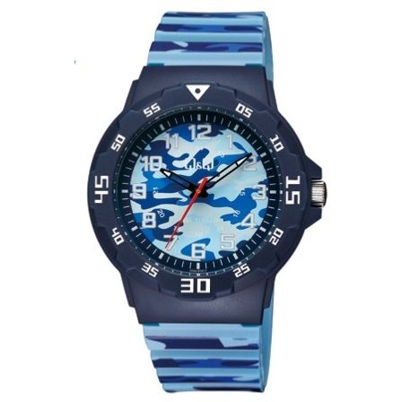 Q&Q FASHION Mod. V02A-010VY blue camouflage wristwatch with resin case and strap, 10 ATM water resistance, quartz movement.