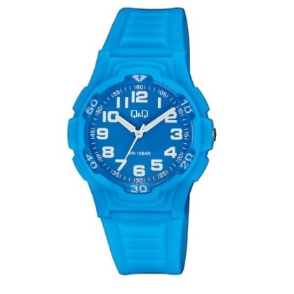 Q&Q FASHION Mod. V31A-002VY blue resin wristwatch with 10 ATM water resistance and quartz movement, displayed in official packaging.