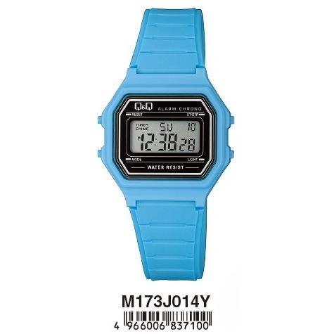 Blue Q&Q Mod. DIGITAL ALARM CHRONO wristwatch with metal case and quartz movement, displayed in official packaging.