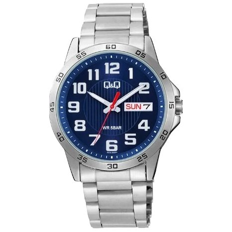 Q&Q Mod. GENT DAY & DATE wristwatch featuring a 42mm metal case, SS bracelet, quartz movement, with day and date functions. Water-resistant.