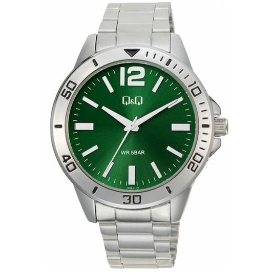 Q&Q Mod. GENT DIVER ONLY TIME wristwatch with green dial and silver metal strap, 44mm case, quartz movement, in official packaging.