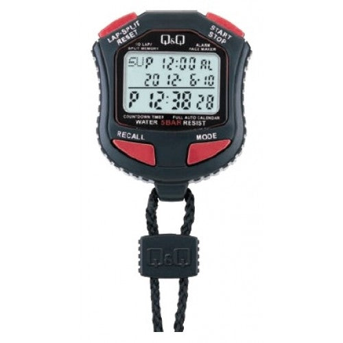 Q&Q Mod. STOPWATCH with water resistance, metal case, quartz movement, and plastic dial, featuring official packaging box.