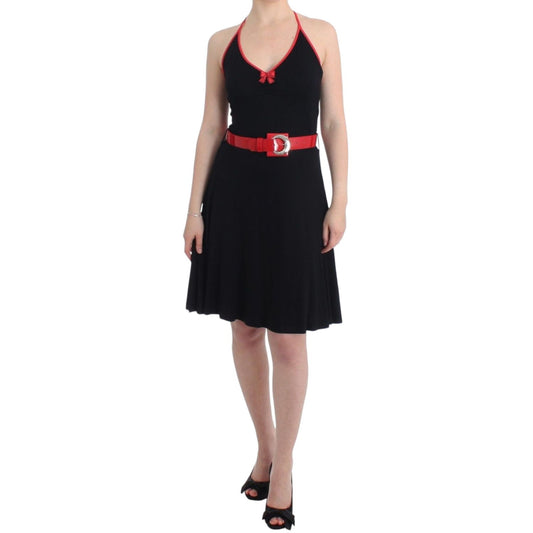 Roccobarocco Black belted palladio dress featuring red belt, knee length, round neckline, sleeveless, with original tags.