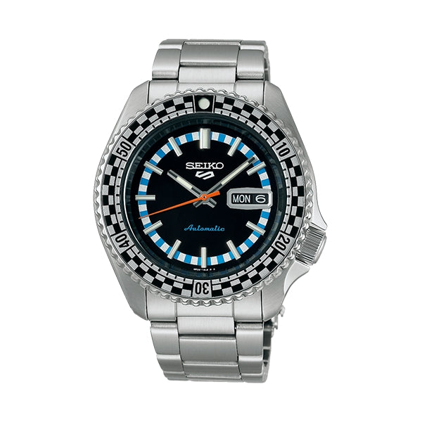 SEIKO 5 Mod. CHECKER FLAG AUTOMATIC LIMITED EDITION watch with stainless steel bracelet and checkerboard bezel design.