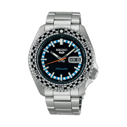 SEIKO 5 Mod. CHECKER FLAG AUTOMATIC LIMITED EDITION watch with stainless steel bracelet and checkerboard bezel design.